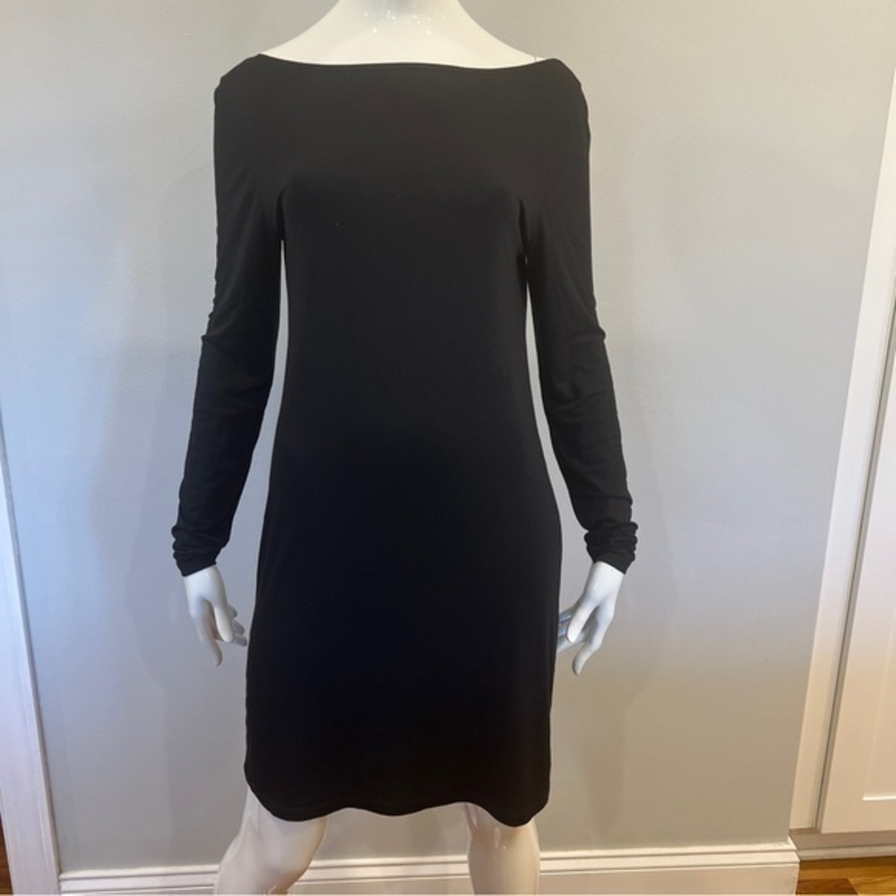Sarah Pacini Boat Neck Knee Length Long Sleeve Black Dress